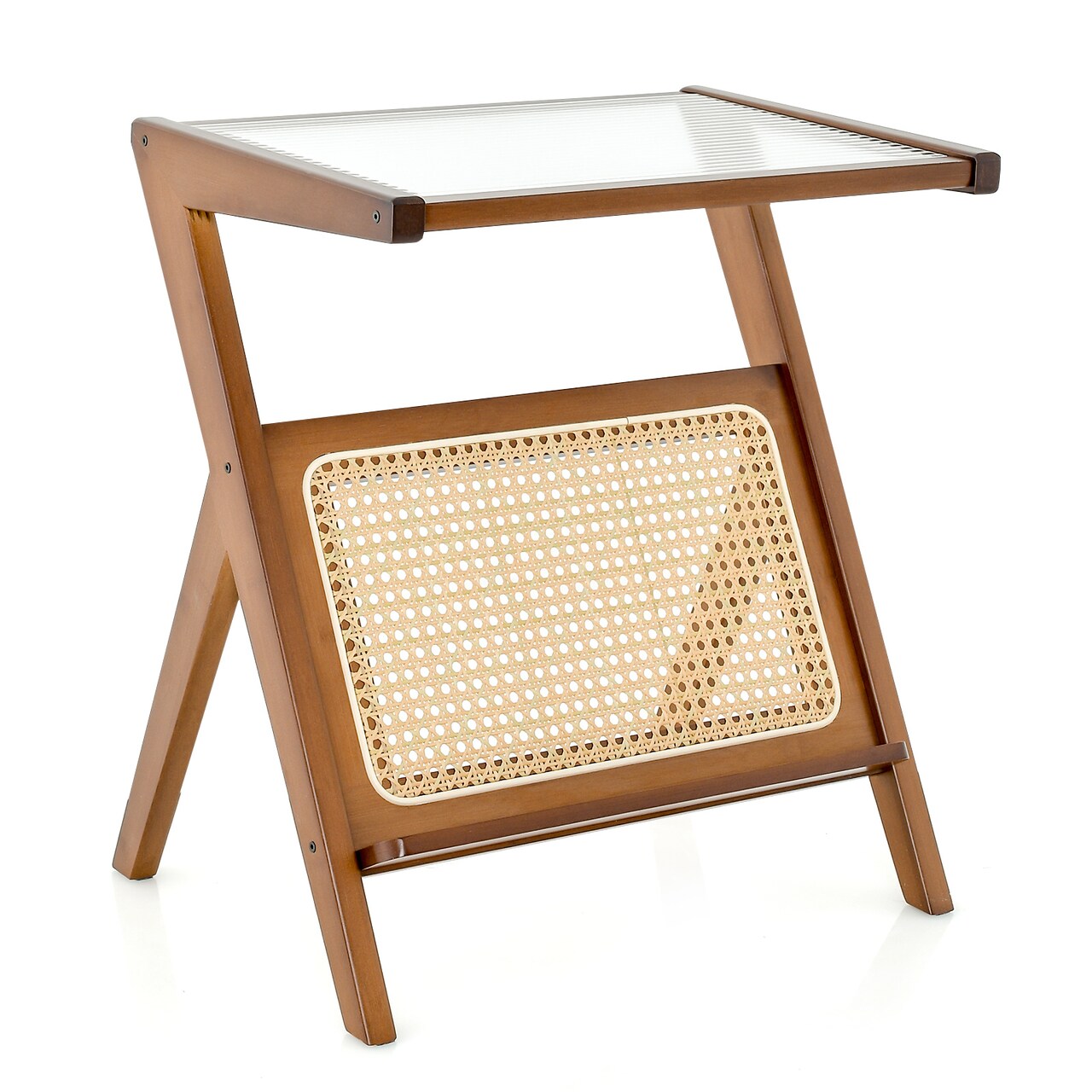 Boho End Table Wicker Rattan Glass Top Side Table Z Shaped Frame Nightstand Magazine Storage Shelf Accent Table Living Room